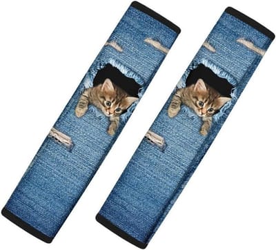 Autogordelhoes - Gordelkussen Riembeschermer - Comfortabel Rijden - Verstelbaar Klittenband - 2 stuks - Denim Kat