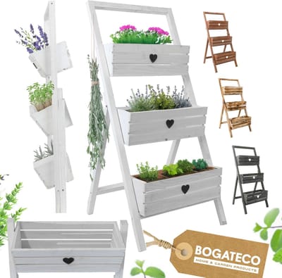 BOGATECO set van 3 bloempotten op standaard 110cm | Set van 3 bloempotten, plantenbakken 40x18cm | Houten bloempot voor tomaten en bloemen, plantenbak voor tuinbalkon