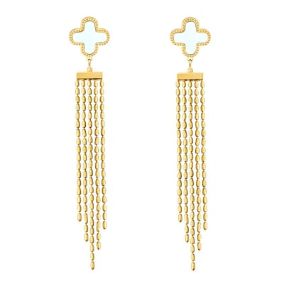 Joy Ibiza - klaver oorbellen met kettinkjes - waterproof - klaver wit - vlinder sluiting - boho bohemian style - stainless steel - ip/pvd gold plated - hypoallergeen - geen verkleuring incl garantie - 10 mm x 100 mm