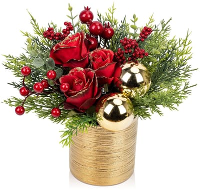 Dailygoods - Oairse Mini tafeldecoratie, kerstboom, kunstplant in pot, kerstdecoratie met roos en kerstballen, bessen voor kerstdecoratie, wooncultuur, keuken, eettafel, decoratieve plant, kamerplant