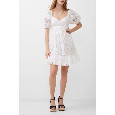 French Connection  Alissa Cotton Broderie Dress Linen White Size: 14 | Mini Dresses Outlet | Dames | Wit