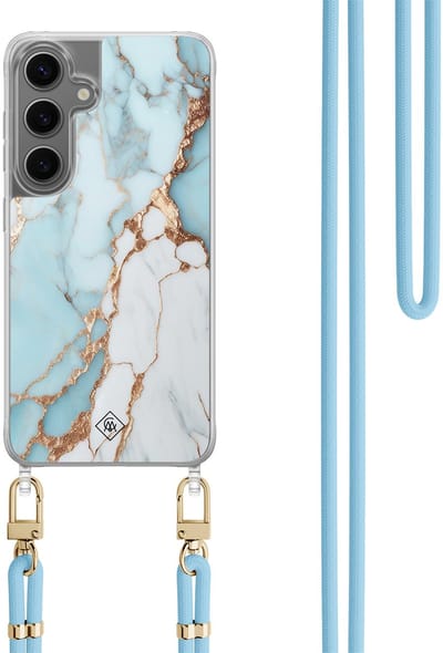 Casimoda® hoesje met koord - Geschikt voor Samsung S24 Plus - Marmer Lichtblauw - Afneembaar koord - TPU/polycarbonaat - Blauw