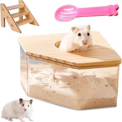 Transparante Acrylaat Zandbad voor Hamsters met Ladder, Houten Deksel en Schep, Ideaal voor Hamsterverzorging en Speelplezier