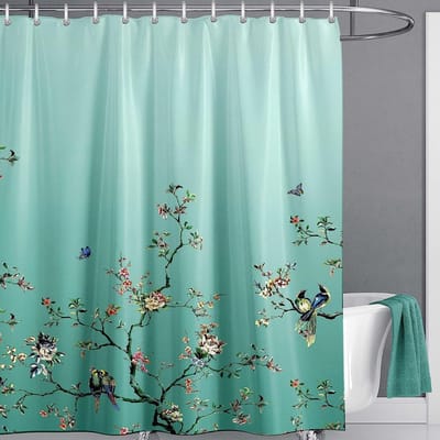 Famanu - Extra lang douchegordijn 180x210 cm, bloemen- en vlinderprint, anti-schimmel, wasbaar, met 12 haken