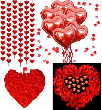 Dailygoods- Decoratieset Valentijnsdag - 2000 Rozenblaadjes - 20 Rode Ballonnen - 6 Hartslingers - 50 Romantische Kaarsen - Hoge Kwaliteit - Feestdecoratie
