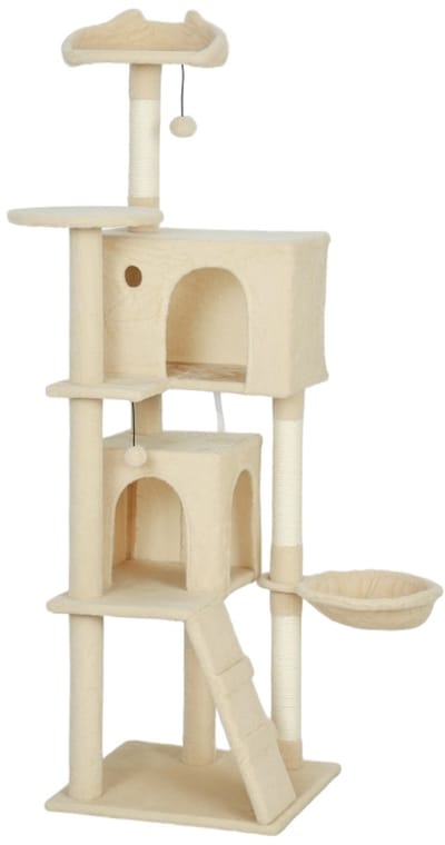 Kratzbaum - 160 cm - Katzenturm mit Hängematte, Leiter, Höhle, 2 Plüschballen - Sisalstämme - Beige
