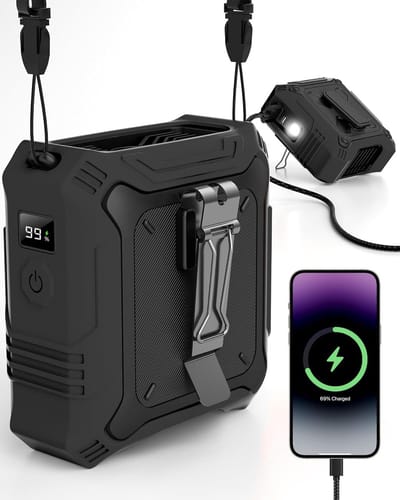 SnelShoppen - Draagbare Riemclipventilator met Oplaadbare 8000 mAh Batterij, 5 Standen tot 24 Uur Looptijd, Ingebouwde LED-lamp & SOS-signaal voor Wer