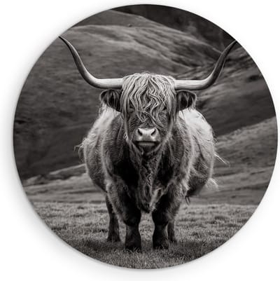 Saammp Muurcirkel Hout - Schotse Hooglander Koe tussen de rode planten - Landschap - Dieren - Natuur - Ø 90 - Wandcirkel - Wanddecoratie Cirkel - muurdecoratie Woonkamer - Slaapkamer decoratie - Rond Schilderij