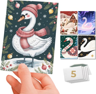Inspra Studio – Luxe Kerstkaarten met Enveloppen – 5 Stuks – Dieren Wenskaarten Collectie – Mix van 5 Unieke Illustratiestijlen – Zwaan