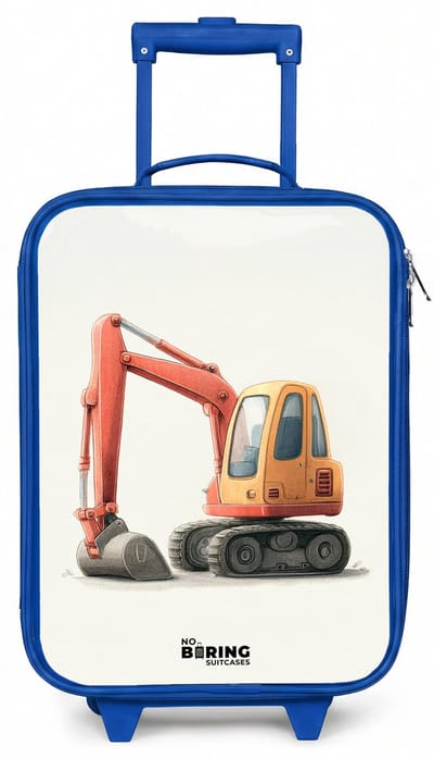 NoBoringSuitcases.com® - Kinderkoffer blauw - Kindertrolley jongen - Graafmachine - Getekend - Oranje - Koffer kind lichtgewicht - Reiskoffer trolley voor kinderen - Koffertje met lichtgevende wieltjes - Rolkoffer