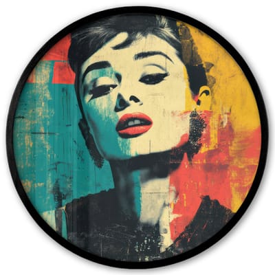Poster in lijst Rond - Fotolijst 40x40 cm - Posters - Vrouw - Rode lippen - Expressief - Grafisch - Ronde posterlijst zwart - Decoratie - Wanddecoratie woonkamer - Muurdecoratie slaapkamer