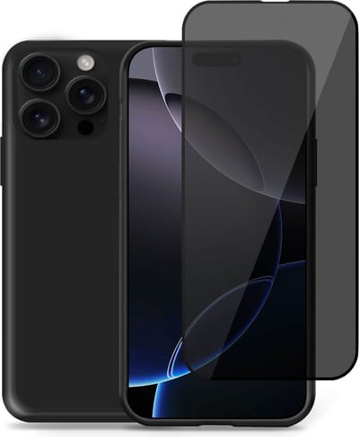Hoesje + Privé Screenprotector geschikt voor Apple iPhone 16 Pro – Privacy Tempered Glass - Back Case Cover Zwart