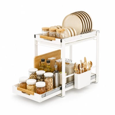 LuxaLiving Gootsteenkast Organizer met Afdruiprek – 2 Laags Uitschuifbaar – Keukenkast Organizer met Bestekhouder – Wit – 40 x 28 x 32 cm