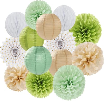 Joya Party® Pompom en Lampionnen Feest Versiering Olijfgroen | Decoratie | Verjaardag, Jubileum & Bruiloft | Olijfgroen & Beige