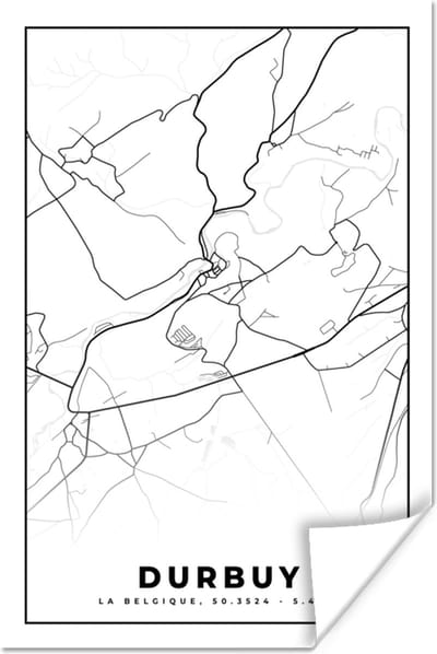 Poster Zwart Wit – België – Plattegrond – Stadskaart – Kaart – Durbuy - 120x180 cm XXL