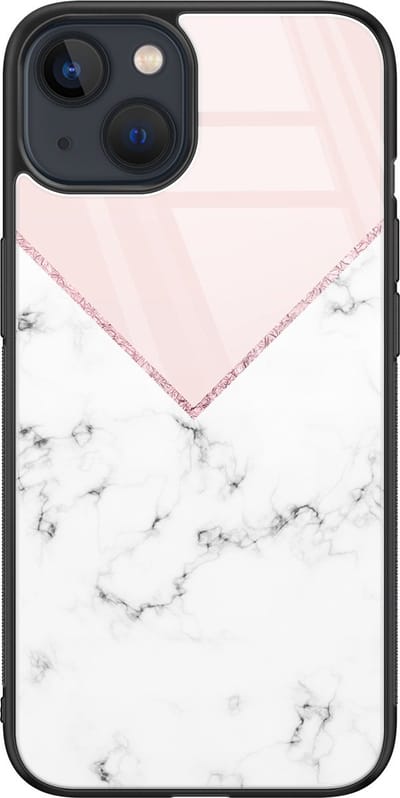 Hoesje geschikt voor iPhone 13 - Marmer roze grijs - Luxe Glazen Hardcase - Marmer - Roze - Leuke Telefoonhoesjes