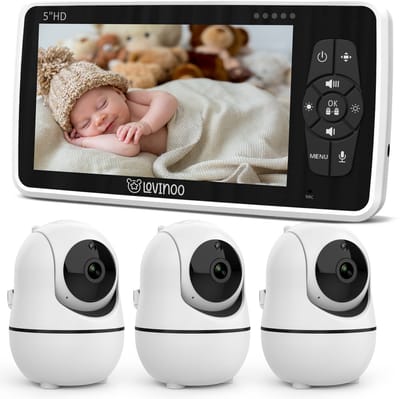 Lovinoo Babyfoon met 3 Camera's - Baby Monitor - Op Afstand Bestuurbaar - Babyphone - Temperatuursensor - Uitbreidbaar Tot 4 Camera's - Terugspreekfunctie - Zonder Wifi en App - 5.0 Inch HD Scherm