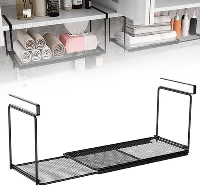 hangmand, rek, 40-70 cm, verstelbaar, hangend, keukenkast, organizer, hangmand, rek, onderrek, uittrekbaar, zwart, voor keuken, kast, tafel, badkamer