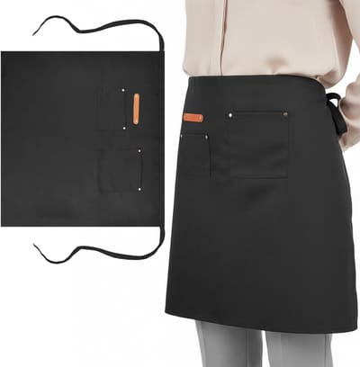 Dailygoods - Schort met lange taille, halve schort met 2 zakken, uniseks chef-kokschort met verlengde riem, waterdicht canvas serveersterschorten, halflange tailleschort voor dames en heren, effen kort schort, 70