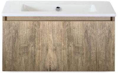 Frozen 3D Badmeubelset 80 cm - Greeplijst in Kleur - French Oak - Keramische Wastafel Wit Zonder Kraangat