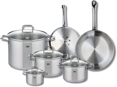 Set van 2 Koekenpannen 24 en 28 cm en 4 kookpotten 12, 16, 20 en 26 cm Elo Profi Citrin