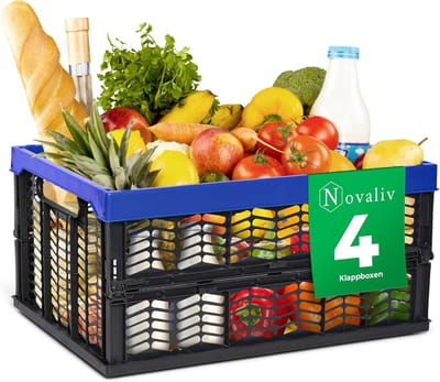 Opvouwbare dozen opvouwbaar stabiel 4x 30L blauw zwarte manden boodschappenbox opvouwbare dozen set draagbox opbergmanden boodschappenmanden manden opbergkeuken