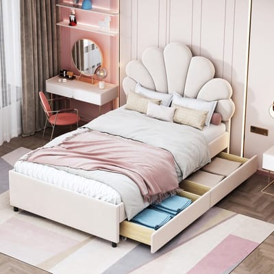 Sweiko Gewatteerd bed, Kinderbed 90 x 200cm, Bedframe, Bloemblad vormig hoofdeinde, 2 lades, Jongens en meisjes bed, Gastenbed, Gemaakt van huidvriendelijke fluwelen stof, Beige