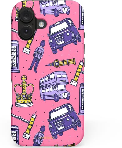 Casetastic hoesje geschikt voor Apple iPhone 16 - MagSafe - Dubbellaagse bescherming - Brits London Roze Avontuur - Londen - Fashion Case - Koraal Lavendel Grijs Donkerblauw