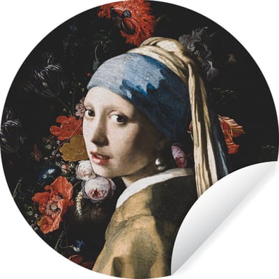 WallCircle® - Behangcirkel 120x120 cm - Muurstickers Het meisje met de parel - Vermeer - Kunst - Muurcirkel woonkamer - Wandcirkel slaapkamer - Kamer decoratie zelfklevend - Muurdecoratie accessoires XXL
