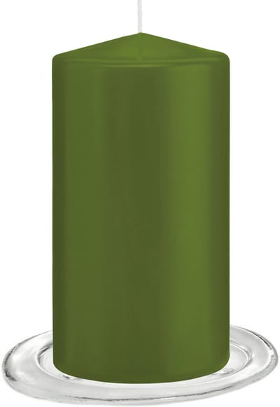Trend Candles - Stompkaarsen met glazen onderzetters set van 2x stuks olijf groen 8 x 15 cm