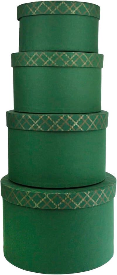 Set van 4 ronde handgemaakte katoenen papieren geschenkdozen, geruit groen met groen interieur