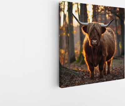 Saammp Canvas Schilderij - Schotse Hooglander Koe in een bos - Dieren - Portret - 20x20 - Foto op canvas - Wanddecoratie - muurdecoratie Woonkamer - Slaapkamer decoratie - Canvas Print