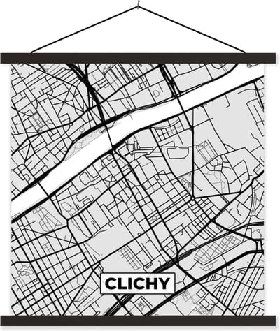 Posterhanger incl. Poster 60x60 cm - Schoolplaat - Plattegrond - Clichy - Stadskaart - Kaart - Frankrijk - Textielposter - Zwarte latten - Stadskaart