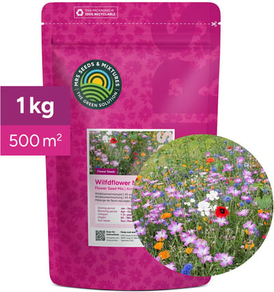 Wildbloemenmengsel - Eén- & meerjarige bloemzaden – Wilde bloemen - 45 bloemsoorten – 1 kg - Voor 500 m² – Aantrekkelijk voor vlinders en bijen