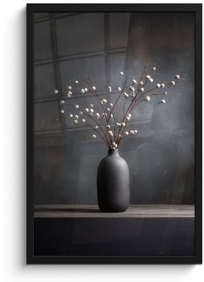 Poster in lijst - Fotolijst 40x60 cm - Posters - Takken - Vaas - Bolletjes - Wit - Posterlijst zwart - Decoratie - Wanddecoratie woonkamer - Muurdecoratie slaapkamer