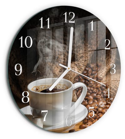 Tulup Wandklok - Koffie Klok Glas Met Opdruk - 30fi cm - Bruin Moderne Wandklok Glas - Witte Handen - Ronde Wandklok - Moderne Wandklok Glas - Wandklok Glas Decoratie