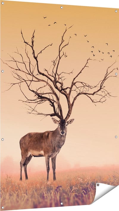 Gards Tuinposter Hert met een Bomen Gewei - 100x150 cm - Tuindoek - Tuindecoratie - Wanddecoratie buiten - Tuinschilderij
