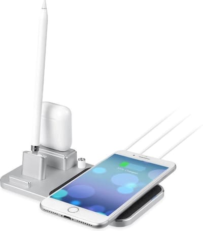 DrPhone SDO1 4-in-1 Oplaadstation – Draadloze Oplader 10W/7,5W/5W voor Smartphones – Bekabeld Compatibel met AirPods en Apple Pencil + Houder - Aluminium– Zilver