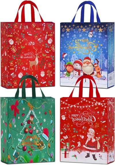 Extra Grote Kerstcadeautassen 4 Stuks, 50x40x16cm, Herbruikbare Niet-Geweven Tassen voor Kerstmis en Feestdecoraties