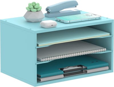 Houten 3-Laags Papieren Bureauorganizer met Verstelbare Postbox - Blauw