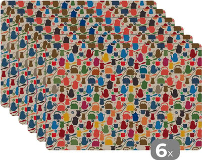 Placemat - Placemats kunststof - Patronen - Koffie - Theepot - Retro - 45x30 cm - 6 stuks - Hittebestendig - Anti-Slip - Onderlegger - Afneembaar