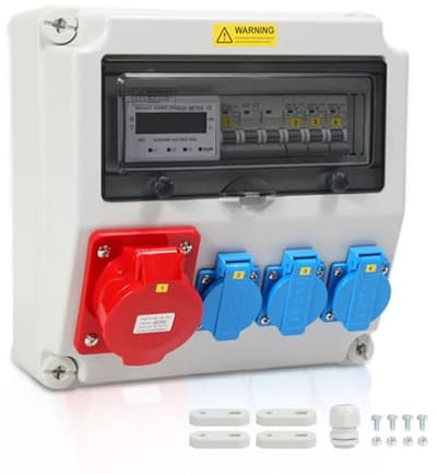 Wandverdeler met Stroommeter 3-Fasen en MCB, 5-polige Bouwstroomverdeler met Schuko- en CEE-stopcontacten