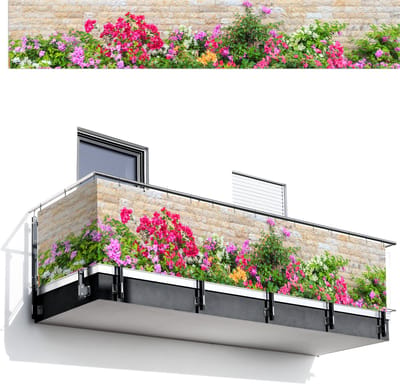 Balkonscherm 500x85 cm - Balkonposter Bloemen - Planten - Bladeren - Stenen - Balkon scherm decoratie - Balkonschermen - Balkondoek zonnescherm