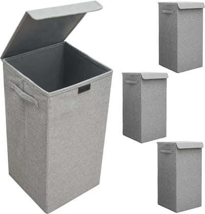 Set van 3: 50L Wasmand met Deksel - 30x30x60 Wasverzamelaar met Houten Frame - Wasbox Opvouwbaar