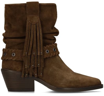 Manfield - Dames - Bruine suède enkellaarsjes met boho details - Maat 37