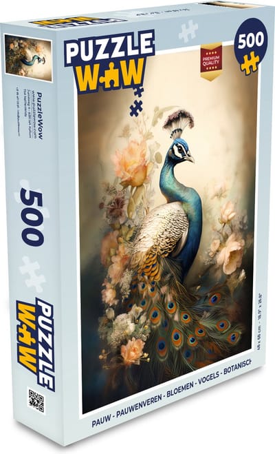 Puzzel Pauw - Pauwenveren - Bloemen - Vogels - Botanisch - Legpuzzel - Puzzel 500 stukjes