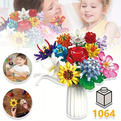 Decoratief Kunstbloemenboeket Van Bouwblokken Om Zelf Te Maken - 12 Bloemen 1064 Stuks ABS - Eeuwige Schoonheid Prachtig Cadeau Voor Verjaardagen Valentijnsdag En Jubilea