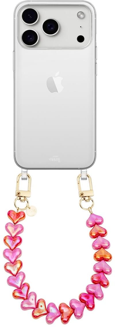 xoxo Wildhearts siliconen hoesje - Geschikt voor iPhone 17 Pro Max hoesje - Funky Hearts (Pink & Red Metallic) - Telefoonhoesje - Hoesje met koord - Roze en Rood koord - kort telefoonkoord - Hartjes ketting - Transparant hoesje