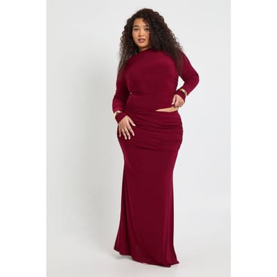 boohoo Dames Plus Draperie Detail Kolom Maxi Rok | Bessen | Maat: 44