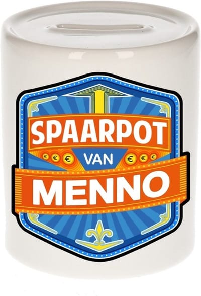 Bellatio Decorations Kinder spaarpot met naam - Menno - keramiek - met dop - wit - Sparen - Spaargeld van Menno